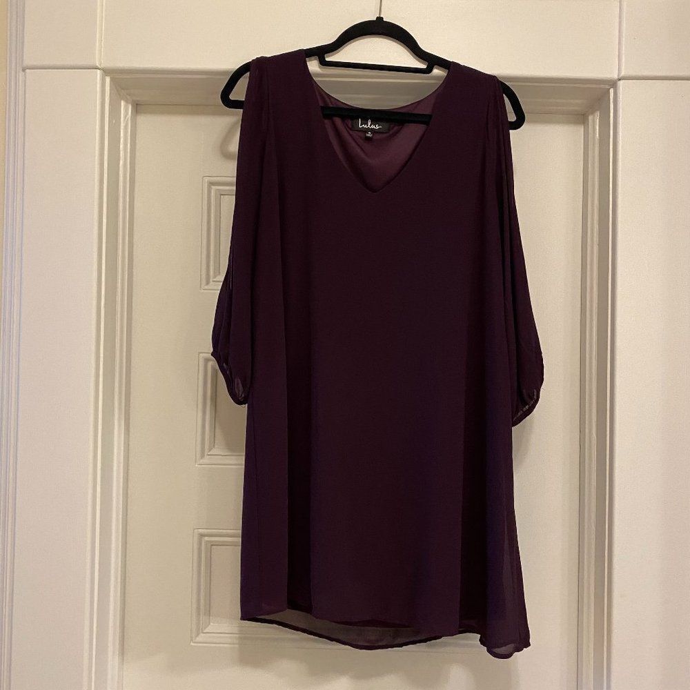 Lulu's Purple Long Sleeve V-Neck Cold Shoulder Shift Dress - Picture 5 of 9
